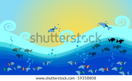 colorful cartoon fishes. School of colorful fish
