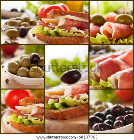 Collage of prosciutto and cheese sandwich with olives and lettuce.