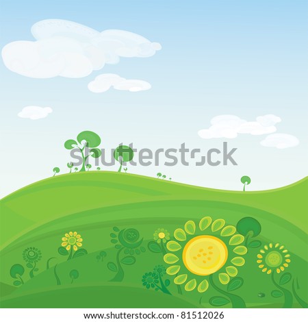 Vector landscape. Green valley with colorful  flowers and distant hills and trees