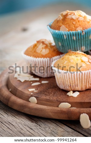 Delicious organic muffins. Almond and cherry cup cakes in natural setting.