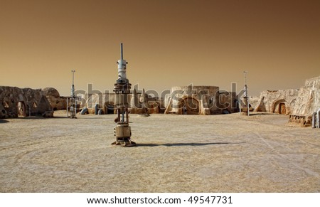 SAHARA, TUNISIA - OCT 18 : Abandoned sets for the shooting of the movie Star Wars in the Sahara desert on a background of sand dunes. - October 18, 2008 in Sahara, Tunisia