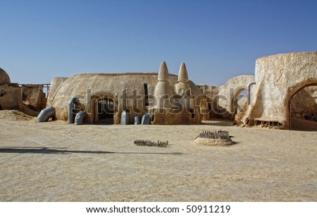 SAHARA, TUNISIA - OCT 18: Abandoned sets for the shooting of the movie Star Wars in the Sahara desert on a background of sand dunes on October 18, 2008 in Sahara, Tunisia
