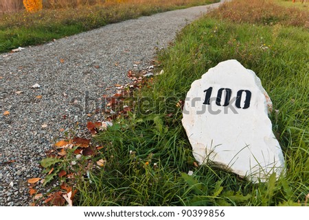 Mile stone in the grass near the road, with print number hundred sign