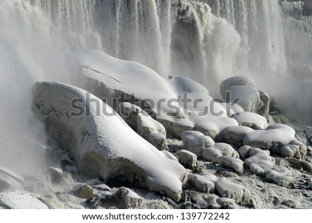 Ice covered stones under Niagara waterfall