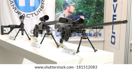 NURNBERG, GERMANY - MARCH 9: Truvelo sporting rifles on display at IWA 2014 & Outdoor Classics exhibition on March 9, 2014 in Nurnberg, Germany