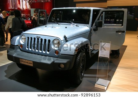 BRUSSELS, BELGIUM - JANUARY 15: Jeep Wrangler shown at Euro Motors 2012 exhibition on January 15, 2012 in Brussels, Belgium
