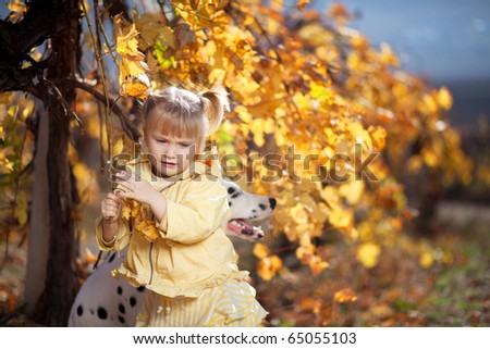 A cute little girl and her dalmatian outdoor during autumn