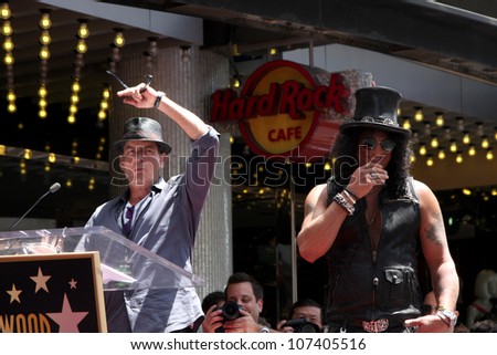 LOS ANGELES - JUL 9:  Charlie Sheen, Slash at the Hollywood Walk of Fame Ceremony for Slash at Hard Rock Cafe at Hollywood & Highland on July 9, 2012 in Los Angeles, CA