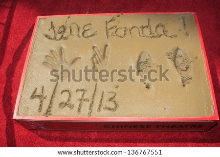 LOS ANGELES - APR 26:  Jane Fonda Prints at the Jane Fonda Hand and FootPrint Ceremony at the Chinese Theater on April 26, 2013 in Los Angeles, CA