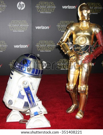 LOS ANGELES - DEC 14:  R2-D2, C-3PO at the Star Wars: The Force Awakens World Premiere at the Hollywood & Highland on December 14, 2015 in Los Angeles, CA