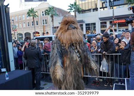 LOS ANGELES - DEC 17:  Chewbacca at the Australian Star Wars fans get married in a Star Wars-themed wedding at the TCL Chinese Theater on December 17, 2015 in Los Angeles, CA