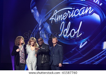 LOS ANGELES - SEP 22:  Stephen Tyler, Jennifer Lopez, Randy Jackson, Ryan Seacrest at the American Idol Season 10 Judges Announcement at Forum on September 22, 2010 in Ingelwood, CA
