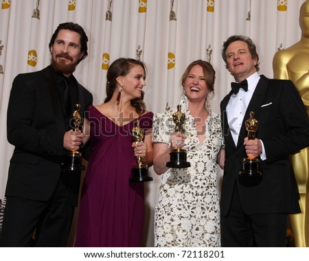 LOS ANGELES - 27:  Christian Bale, Natalie Portman, Melissa Leo, Colin Firth in the Press Room at the 83rd Academy Awards at Kodak Theater, Hollywood & Highland on February 27, 2011 in Los Angeles, CA