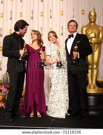 LOS ANGELES - 27:  Christian Bale, Natalie Portman, Melissa Leo, Colin Firth in the Press Room at the 83rd Academy Awards at Kodak Theater, Hollywood & Highland on February 27, 2011 in Los Angeles, CA
