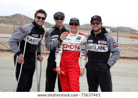 LOS ANGELES - MAR 19:  Daniel Goddard, Stephen Moyer, Megyn Price, AJ Buckley at the Toyota Pro/Celebrity Race Training Session at Willow Springs Speedway on March 19, 2011 in Rosamond, CA