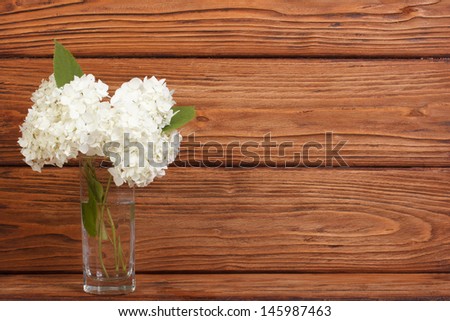 Bouquet of white hydrangea in a vase on a wooden brown background