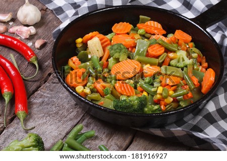 steamed vegetables in a pan on the table. horizontal. close-up