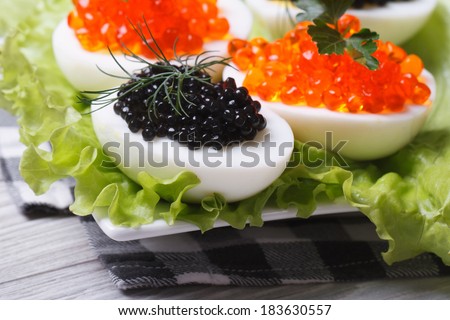 Chicken eggs with red and black fish caviar and lettuce closeup horizontal