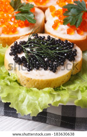 Sandwiches with red and black fish caviar on lettuce macro vertical