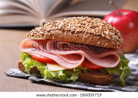 School lunch: a ham sandwich and apple closeup. horizontal