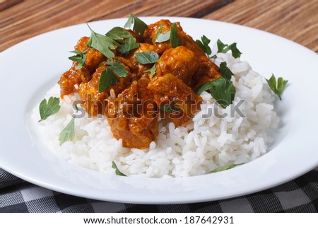 Chicken curry with rice and cilantro on white plate close up horizontal