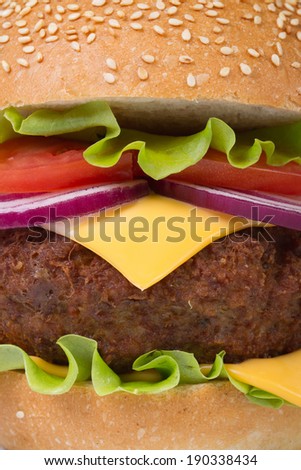 Fresh big hamburger with meat, cheese, onion, tomato and lettuce macro