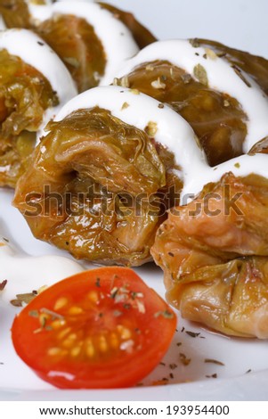 stuffed cabbage rolls with sour cream and cherry tomatoes on a white plate macro. vertical