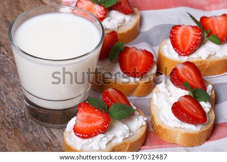 delicious sandwiches with soft cheese and fresh strawberries with mint and milk. horizontal. close-up
