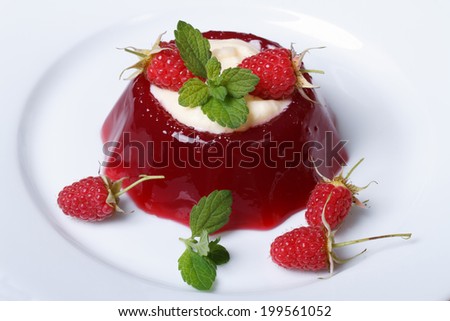 Tasty dessert raspberry jelly with mint and cream on a plate close-up. horizontal