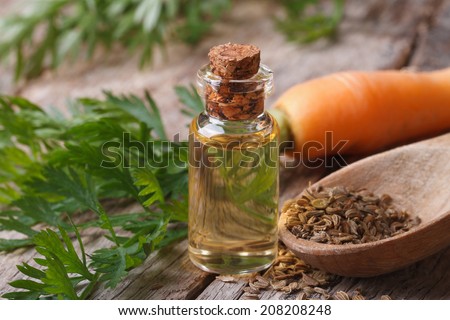 The essential oil of carrot seeds in a glass bottle on a wooden table. horizontal macro