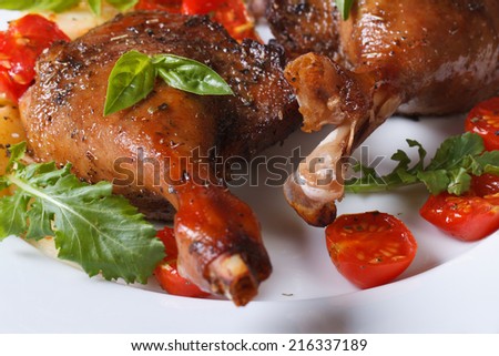 roasted duck legs with tomato and arugula white plate macro horizontal