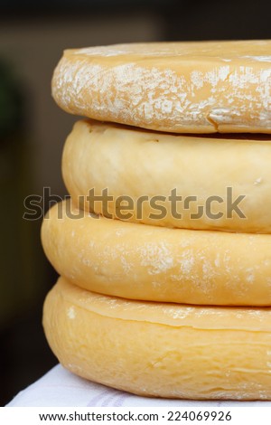 Four heads of goat cheese closeup vertical