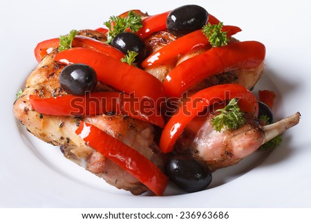 Roasted rabbit meat with peppers, olives and fresh herbs on a plate close-up. horizontal