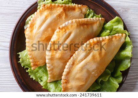 Traditional pies stuffed empanadas on a plate close-up. horizontal view from above