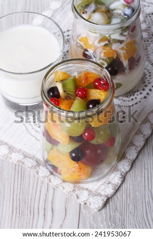 pieces of fresh fruit with yogurt in a glass jar on the table close-up vertical top view