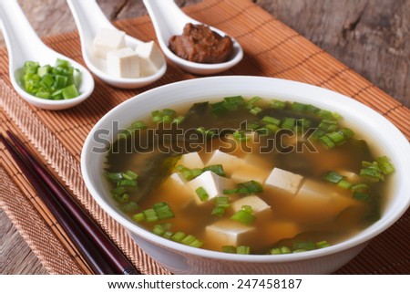 Japanese miso soup in a white bowl and ingredients in a spoon on a table close-up. horizontal