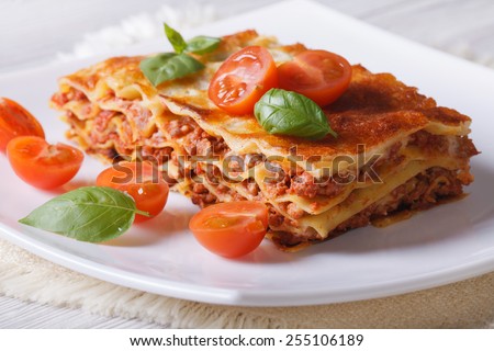 Italian Lasagna with fresh basil on a white plate. horizontal