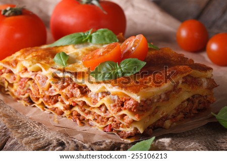 Italian lasagna close-up on the table. horizontal rustic style