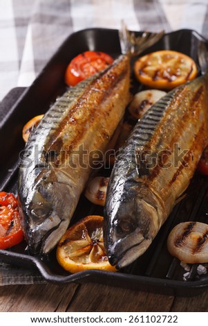 sea fish grilled mackerel and vegetables on the grill pan closeup. Vertical