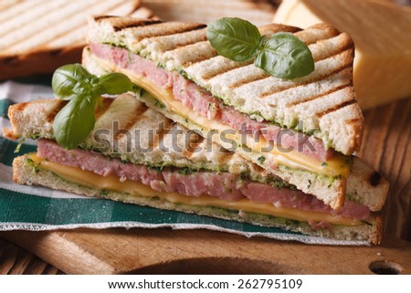 Grilled triangular toast with ham and cheese close-up on chopping board. horizontal