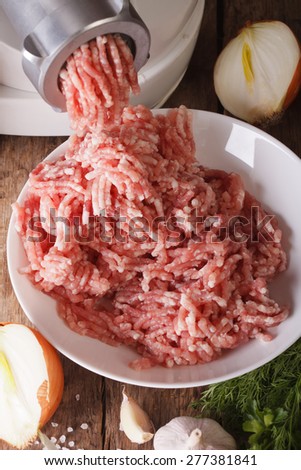 Cooking minced using a meat grinder close up vertical view from above