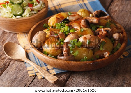 Potatoes with mushrooms close up in a bowl, and salad. horizontal, rustic style