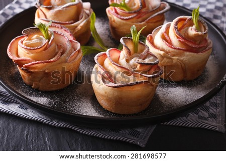 Beautiful apple dessert in the form of flowers. Horizontal Selective Focus
