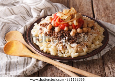 Arabic cuisine: kushari of rice, pasta, chickpeas and lentils close up on a plate on the table. horizontal