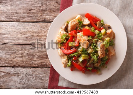 Chicken saute with mushrooms and vegetables close-up on a plate. Horizontal view from above