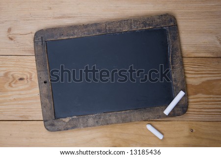 An old blank blackboard and white chalk