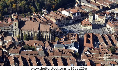 Brasov city center with Black church, Black and White Towers, view from Tampa Mountain