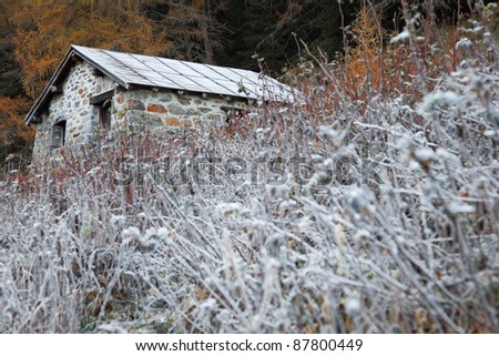 Old farm in the mountains during fall. Icy morning
