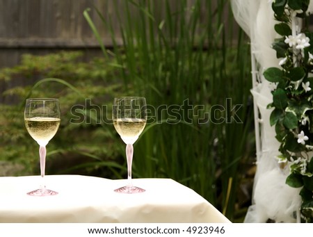 Pair of Wine Glasses with White Wine on a Wedding Table