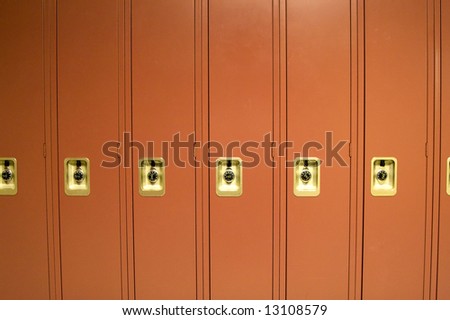 stock photo : Red School Lockers in High School Hallway